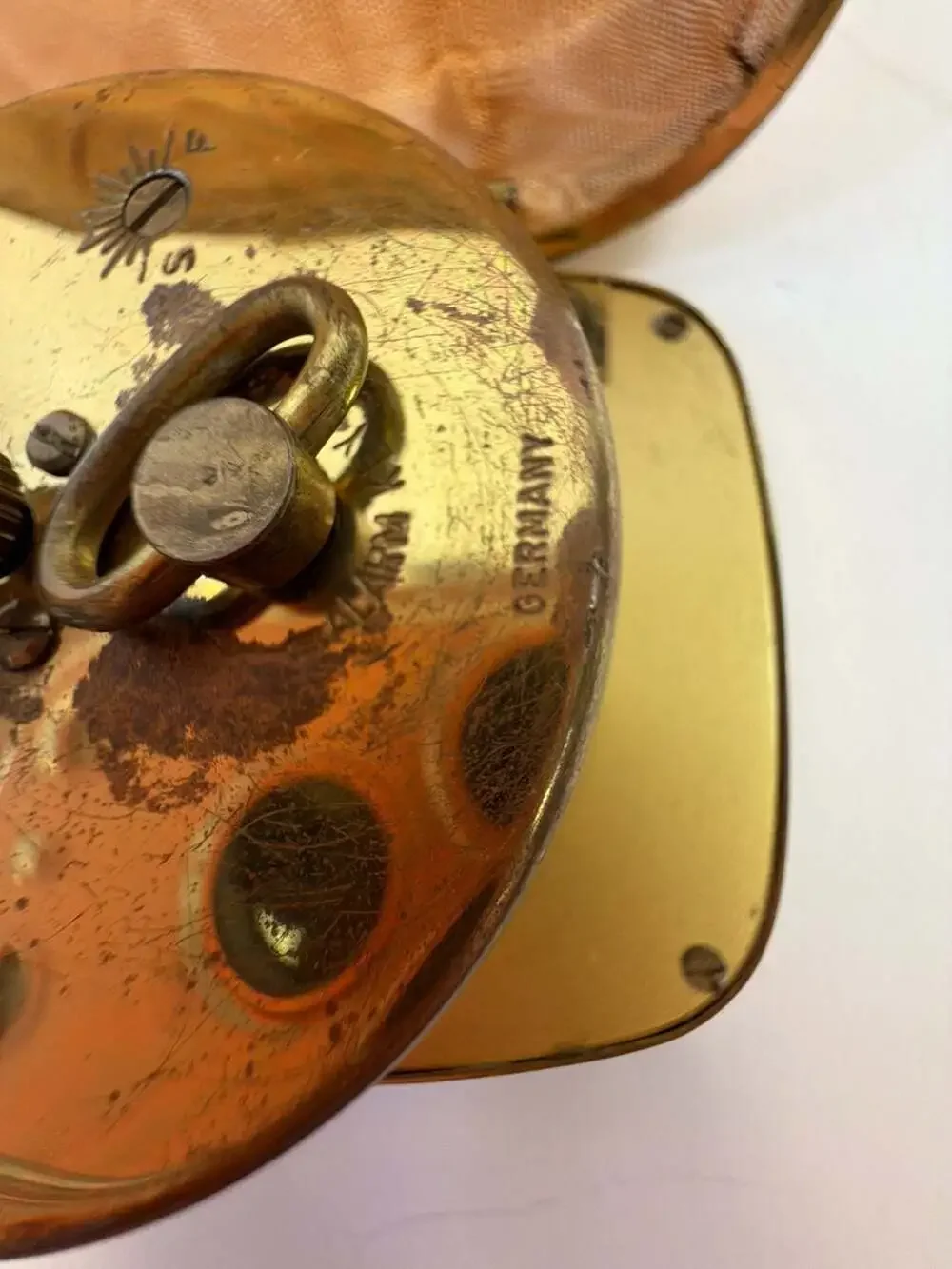 Vintage Bradley Wind-Up Clamshell Travel Alarm Clock, Gold-Tone & Tan Leather Ca